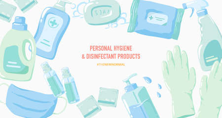 Vector illustration of personal hygiene and disinfectant products banner.のイラスト素材