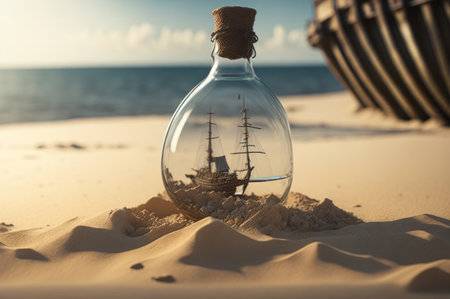 A glass bottle with a small antique ship inside the bottle, resting on a beach sand dune against a beautiful ocean backdrop.AI generatedの素材