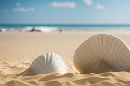 blank Empty shells mockup in sand beach for product presentation and beach background.AI generatedの素材