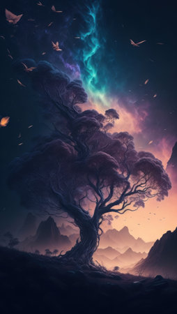 Fantasy night world with beautiful scenery for mobile screens.generative AIの素材