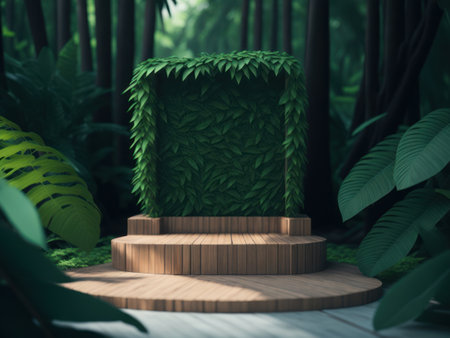 3D render Wooden podium mockup in tropical forest for product presentation and green background.Ai generatedの素材