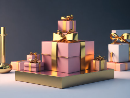 3d rendering of podium mockup promotion sale with gifts, shopping.AI generatedの素材