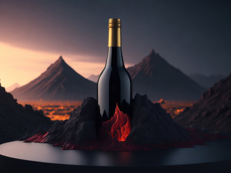 blank wine bottle podium mockup in lava stream for product presentation and lava mountain ground background.AI generatedの素材