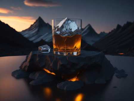 blank Whiskey glass with a small round ice cube in the glass podium mockup in lava stream for product presentation and lava mountain ground background.AI generatedの素材