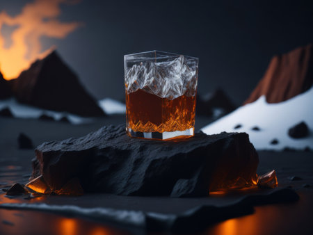 blank Whiskey glass with a small round ice cube in the glass podium mockup in lava stream for product presentation and lava mountain ground background.AI generatedの素材