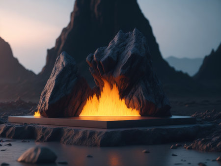 lava stone mockup display with lava mountain background.AI generatedの素材