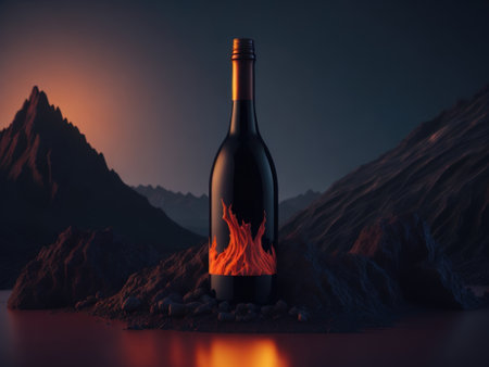 blank wine bottle podium mockup in lava stream for product presentation and lava mountain ground background.AI generatedの素材