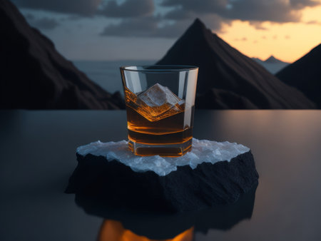 blank Whiskey glass with a small round ice cube in the glass podium mockup in lava stream for product presentation and lava mountain ground background.AI generatedの素材