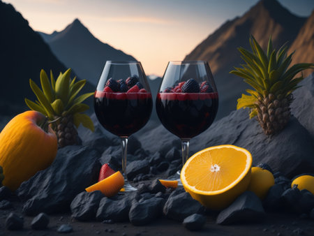 blank The wine glass is decorated with fruit on top of the glass podium mockup in lava stream for product presentation and lava mountain ground background.Ai generativeの素材