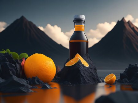 blank fruit drink bottle podium mockup in lava stream for product presentation and lava mountain ground background.AI generativeの素材