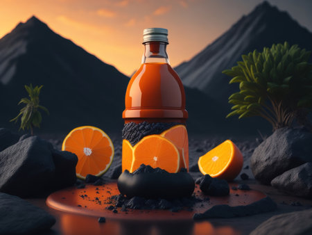 blank fruit drink bottle podium mockup in lava stream for product presentation and lava mountain ground background.AI generativeの素材