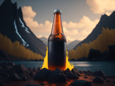 blank soda bottle podium mockup in lava stream for product presentation and lava mountain ground background.AI generatedの素材