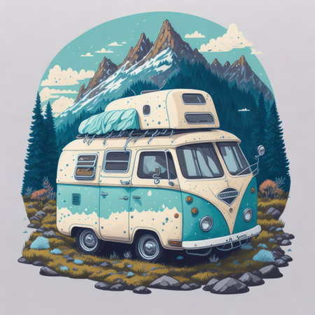 Vintage camper van watercolor design on flat ground against mountain backdrop.generative AIの素材