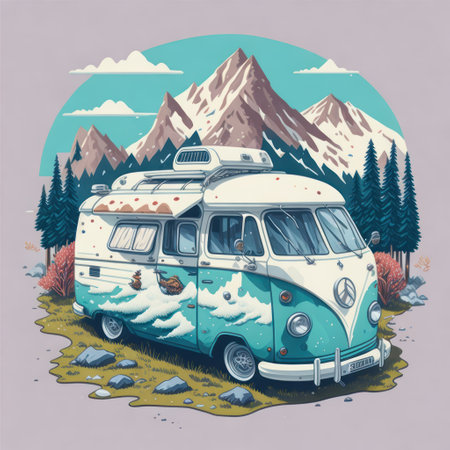 Vintage camper van watercolor design on flat ground against mountain backdrop.generative AIの素材