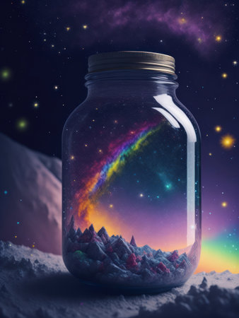 Imaginative fantasy image, a vast galaxy with a mason jar in it, with mountains and clouds.generative AI.の素材