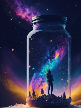 Imaginative fantasy image of a vast galaxy with a jar on a flat ground with a traveler doing something.generative AIの素材