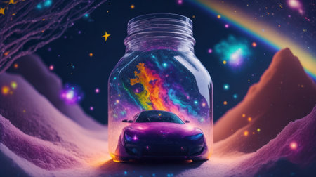 Imaginative fantasy image, a vast galaxy with a jar mutilated in a small supercar.generative AIの素材
