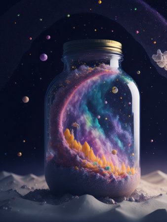 Imaginative fantasy image, a vast galaxy with a mason jar in it, with mountains and clouds.generative AI.の素材