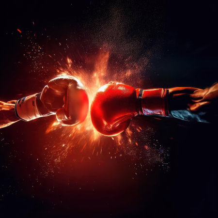 Hands of two men with red boxing gloves bumped their fists.Generative AIの素材