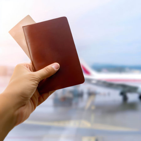 Hand holding passport against airport background.International travel concept.generative AIの素材