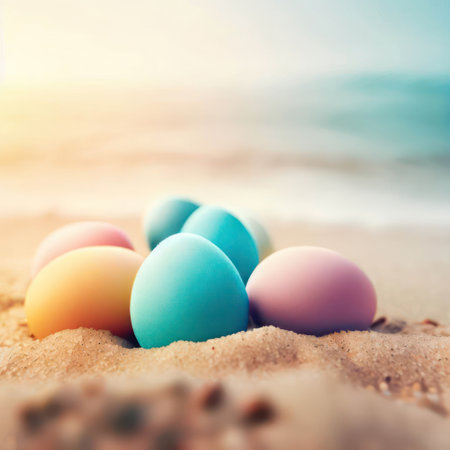 Easter eggs on the beach.Generative AIの素材