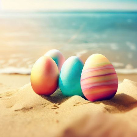 Easter eggs on the beach.Generative AIの素材