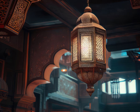 The inside of the building is adorned with one ornate traditional oriental lanterns.Generative AIの素材