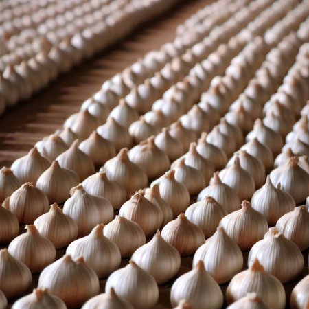 Rows of garlic laid on a table at the garlic festival event.Generative AIの素材