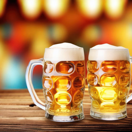 Beer mugs on wooden table against blurred Oktoberfest backdrop.Generative AIの素材