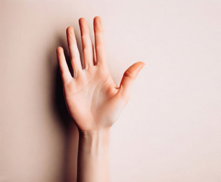 One hand raised against room wall background and empty space for text, idea, presentation or comment.Generative AIの素材