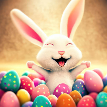 Happy Easter Bunny with many colorful easter eggs.Generative AI.の素材