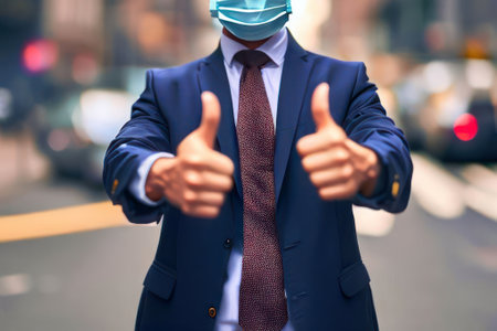 Businessman shows thumbs up on street in new york city.Generative AI.の素材