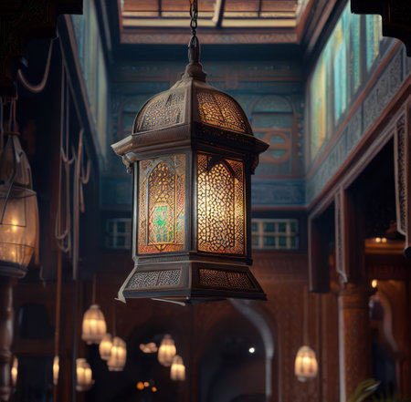 The inside of the building is adorned with one ornate traditional oriental lanterns.Generative AIの素材