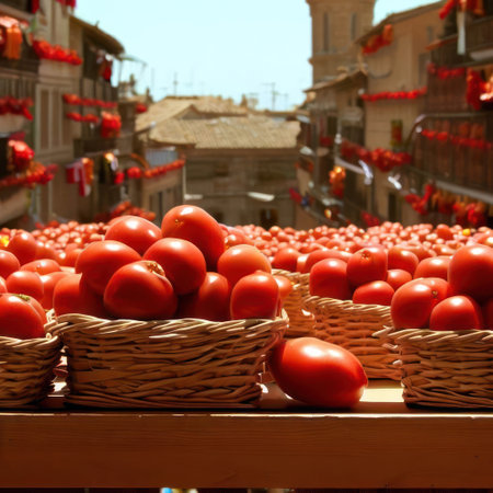 Tomatoes in baskets arranged on a wooden balcony against the backdrop of La Tomatina Festival.Generative AIの素材