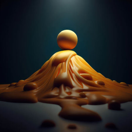 A round cheese wheel is perched on the top of a cheese mountain, illuminated by studio lights generated by AI.の素材