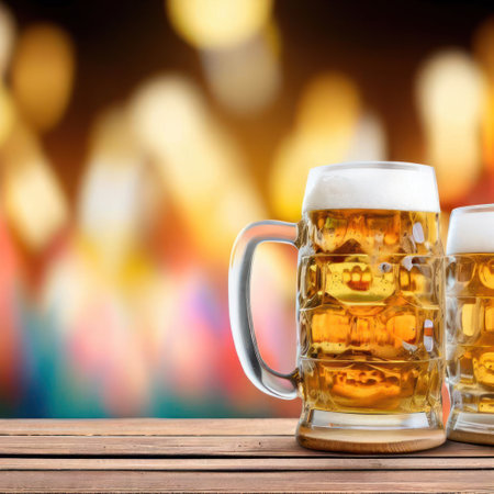 Beer mugs on wooden table against blurred Oktoberfest backdrop.Generative AIの素材