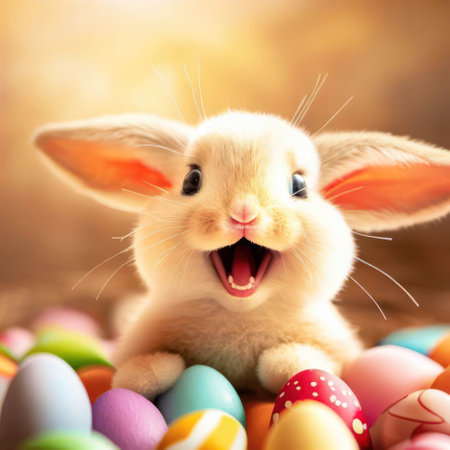 Happy Easter Bunny with many colorful easter eggs.Generative AI.の素材