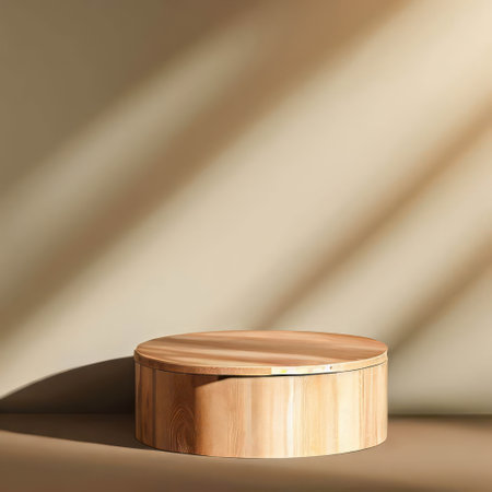 A round wooden platform for displaying products on a wooden floor in a room where light shines through to create shadows.generative AIの素材