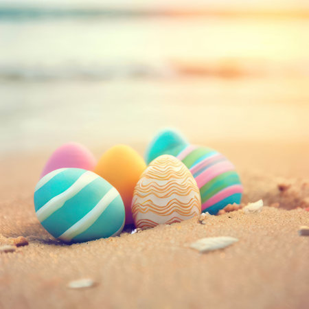 Easter eggs on the beach.Generative AIの素材