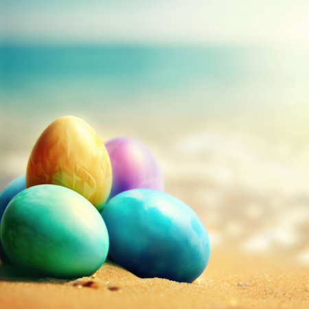 Easter eggs on the beach.Generative AIの素材
