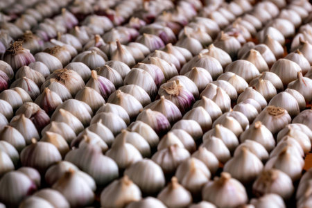 Rows of garlic laid on a table at the garlic festival event.Generative AIの素材