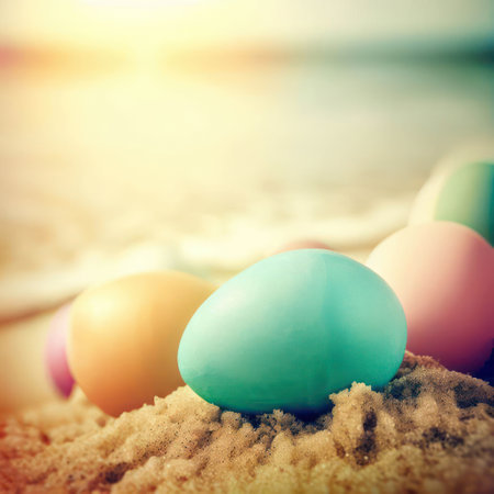 Easter eggs on the beach.Generative AIの素材