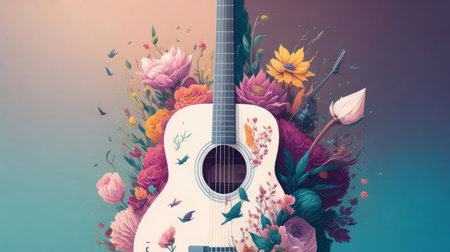 illustration a guitar wearing trendy piano, t-shirt design, flowers splash.Generative AIの素材