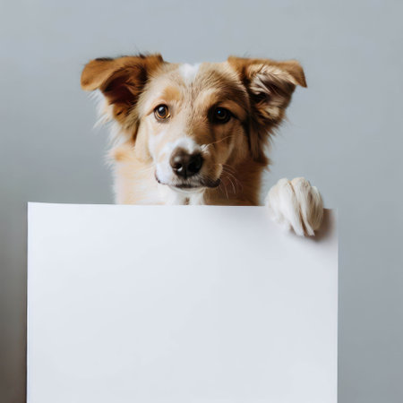 A dog holding empty paper poster with copy space.generative AIの素材