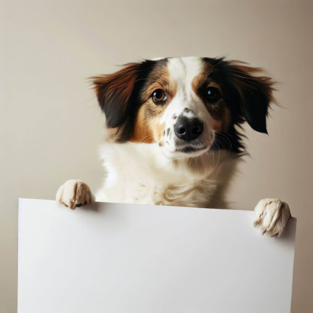 A dog holding empty paper poster with copy space.generative AIの素材