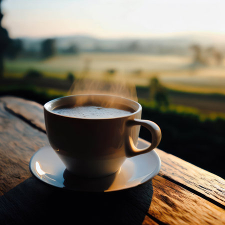 A cup of hot morning coffee on a wooden balcony with a view of the fresh morning fields.Generative AIの素材