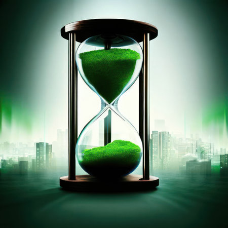 Hourglass with green sand inside against a city backdrop full of buildings.Relaxation concept over time.generative AIの素材