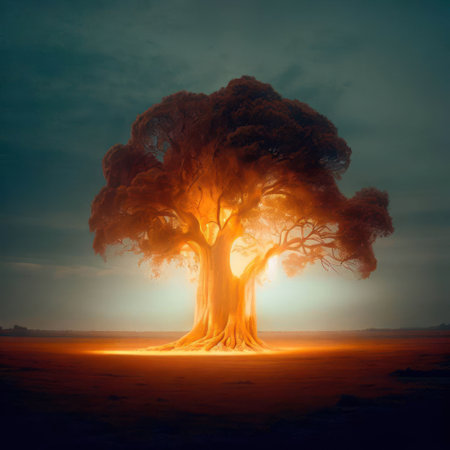 A giant tree glows in the middle of the open field.Generative AIの素材