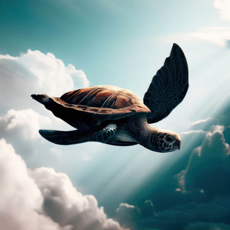 A turtle is flying in the sky above the clouds.Generative AIの素材