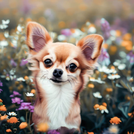 Image created by AI a Chihuahua among the fields of flowers.の素材